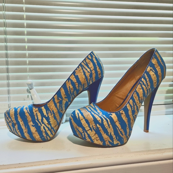 Qupid Sz 10 Blue & Cork Color Platform Heels - Picture 1 of 9